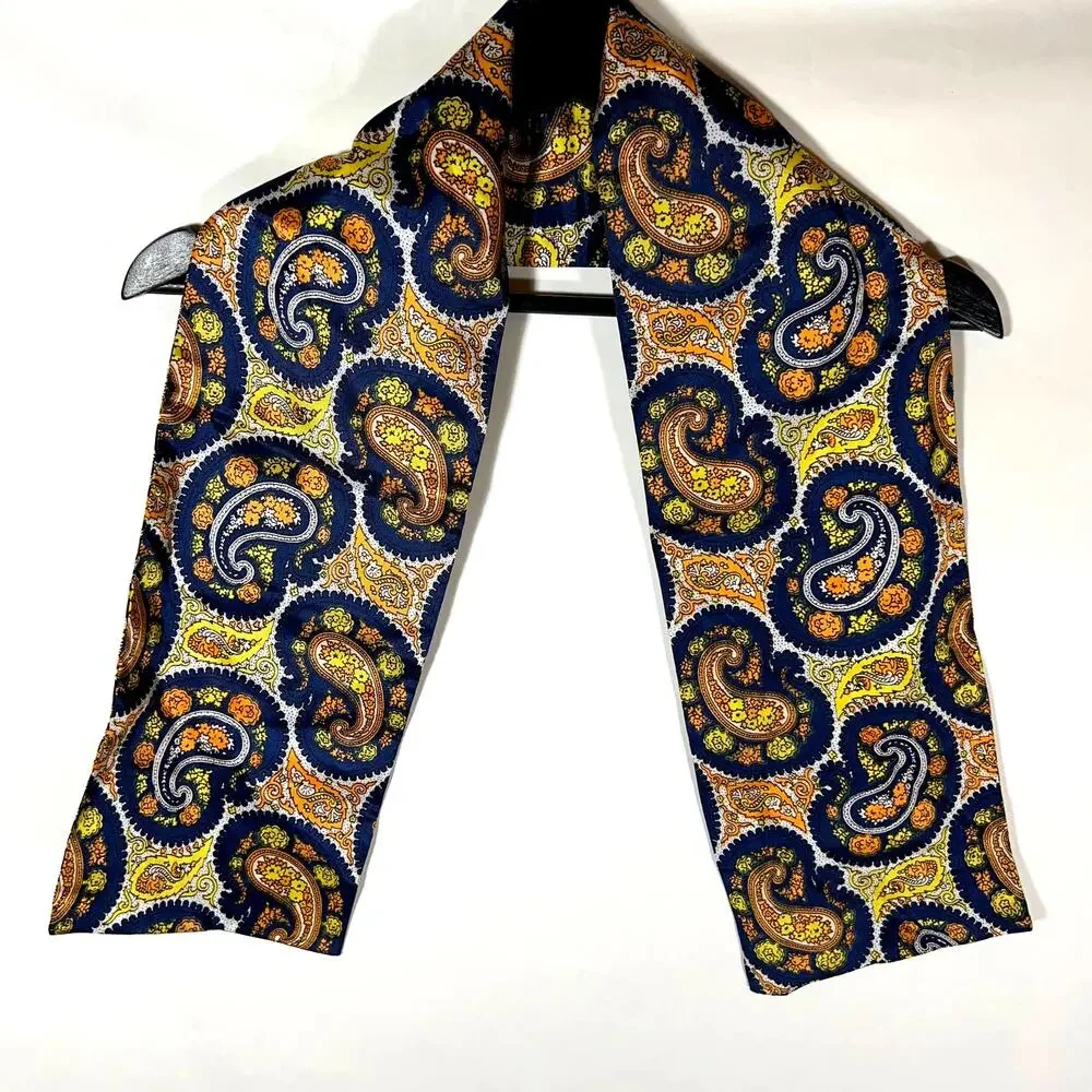 Vintage Paisley Scarf in Blue Yellow Brown Orange 70s Rectangle Retro